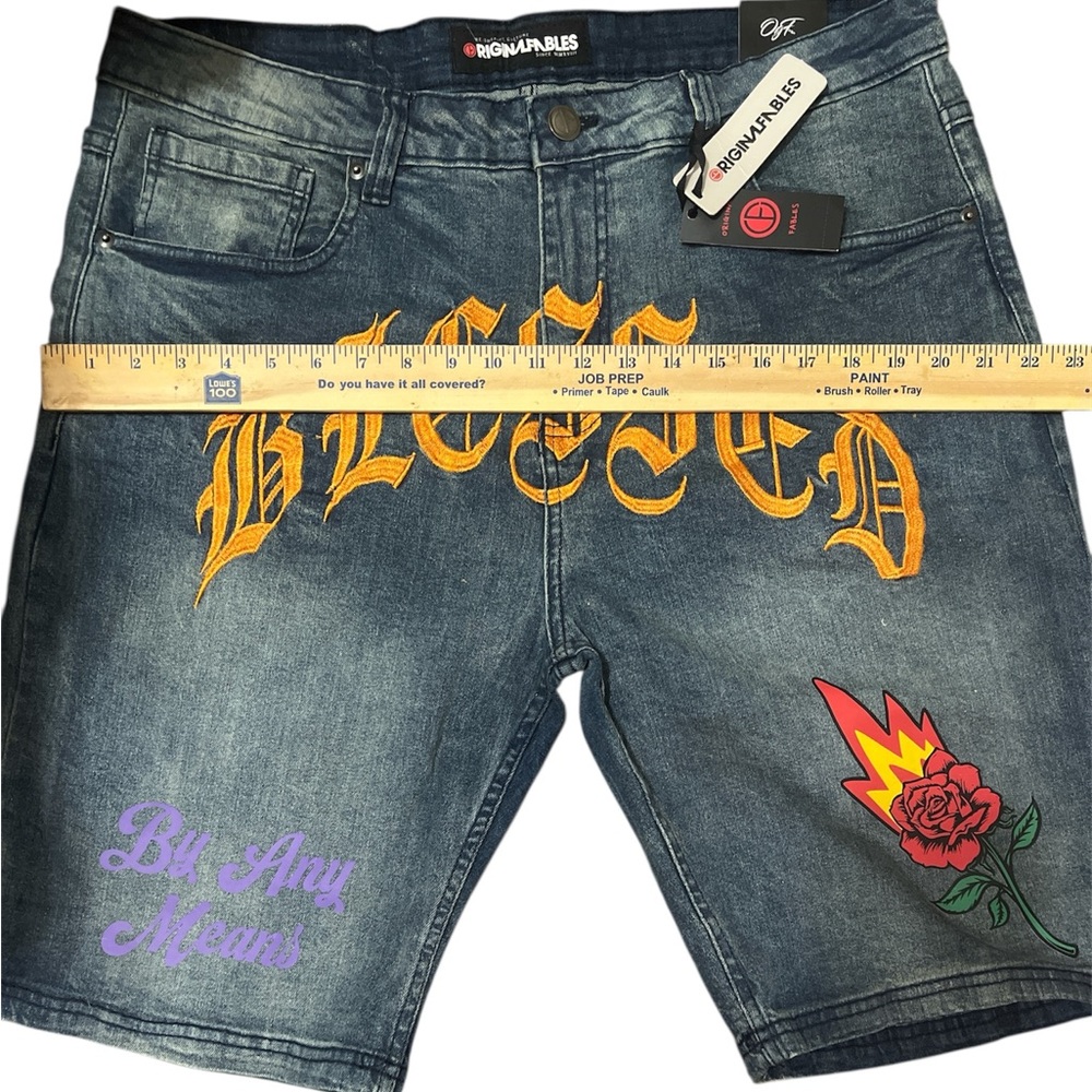 NWT Original Fables Blessed denim short jeans waist 39” Stretches to 40”